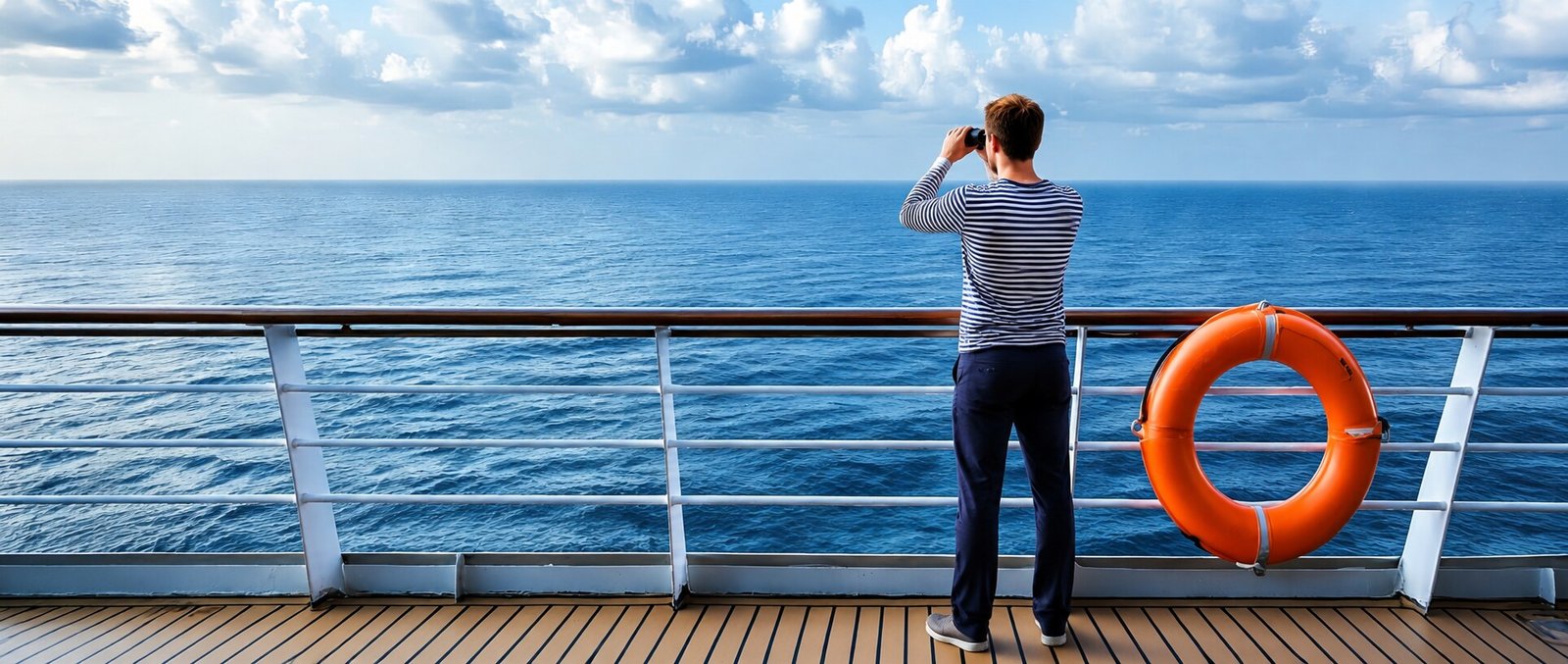 Marinheiro observando o horizonte com binóculos